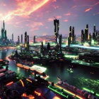 Futuristic city skyline with neon lights and mountains at dusk