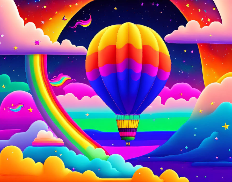 Colorful Hot Air Balloon Soaring Over Fantasy Landscape