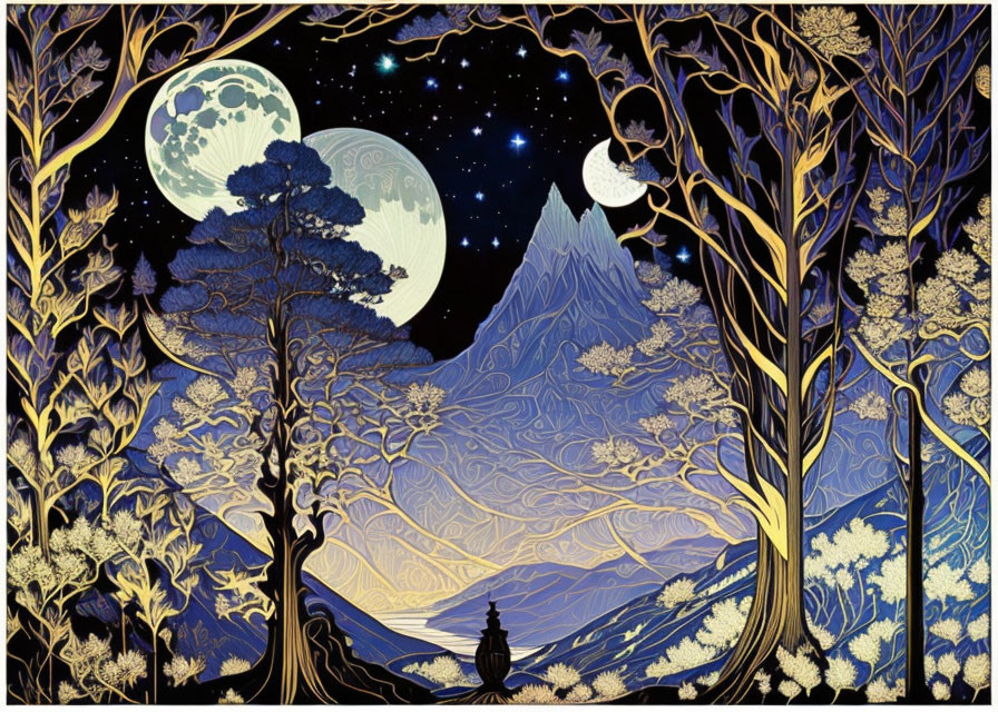 Detailed Night Scene Illustration with Trees, Mountains, Person, Starry Sky, and Two Moons