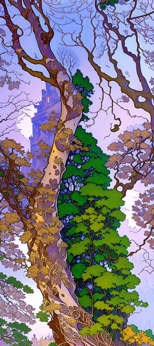 Colorful illustration: Towering tree with castle silhouette in purple, blue, and green palette.