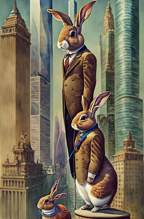 Anthropomorphic rabbit in suit with smaller rabbit on leash in city setting