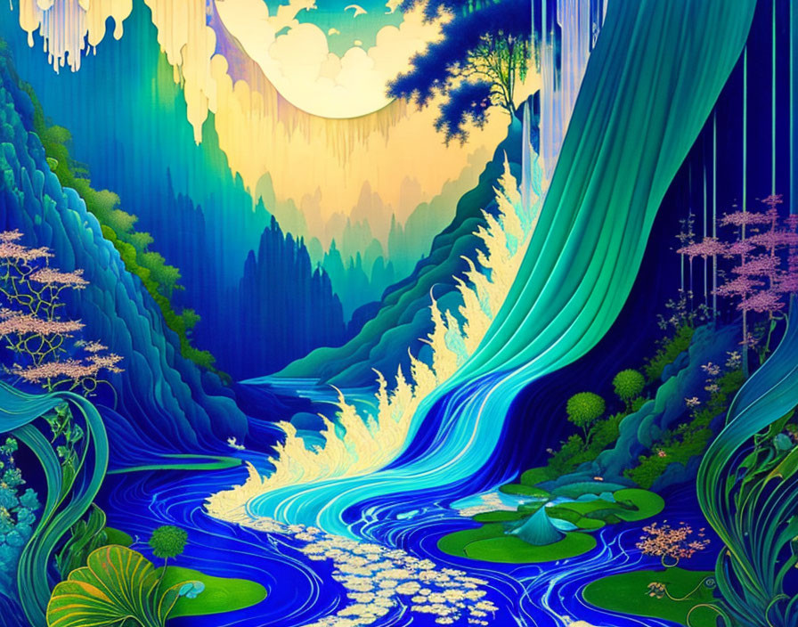 Fantasy waterfall scene with blue water, greenery, and yellow moon