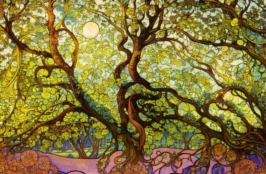 Detailed Art Nouveau-style tree illustration under glowing moon