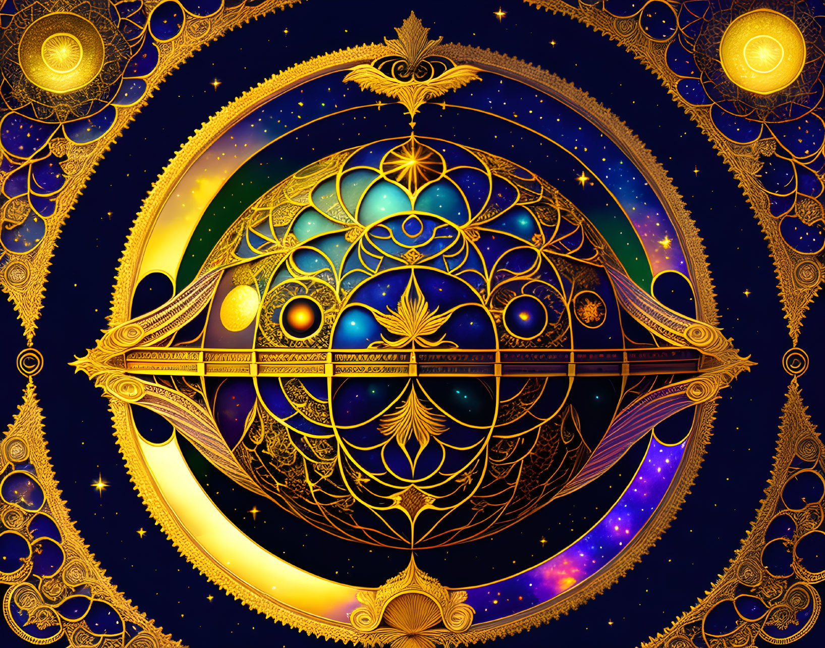 Colorful digital artwork with golden designs and mandala patterns on cosmic background.