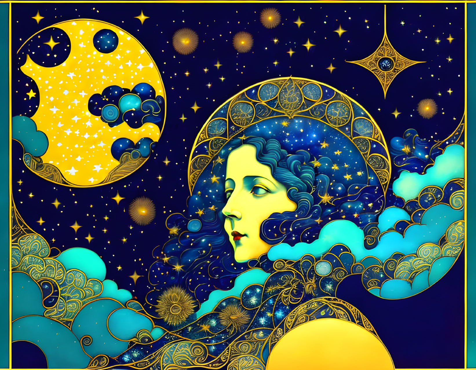 Celestial-themed woman artwork on dark blue and gold background