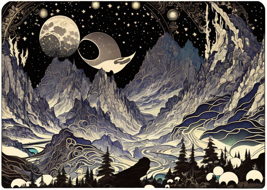 Mountainous landscape at night with swirling patterns and limited colors