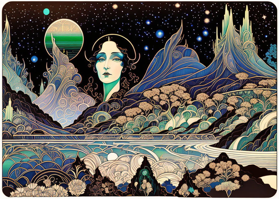 Illustration of Art Nouveau Woman with Flowing Hair in Mountain Landscape