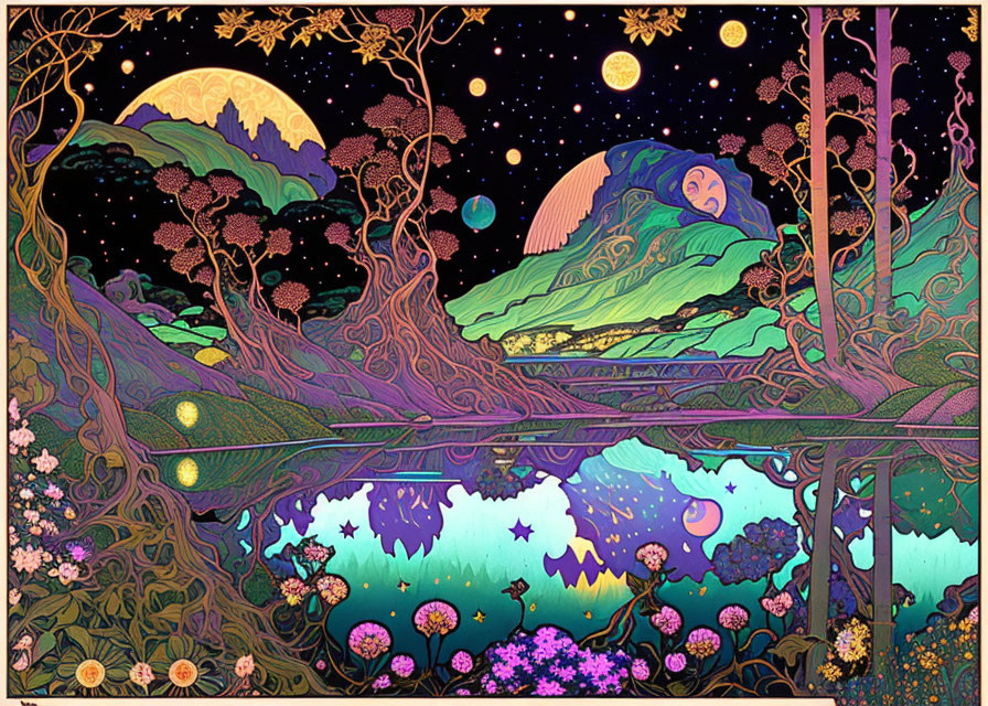 Vibrant Art Nouveau landscape with sleeping woman in moonlit scene