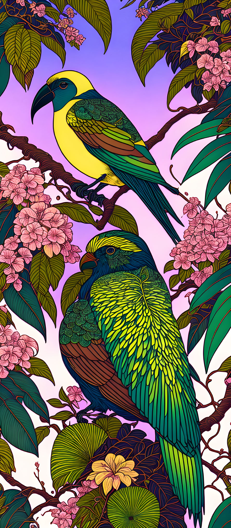 Colorful Birds Perched on Branches in Vibrant Floral Setting