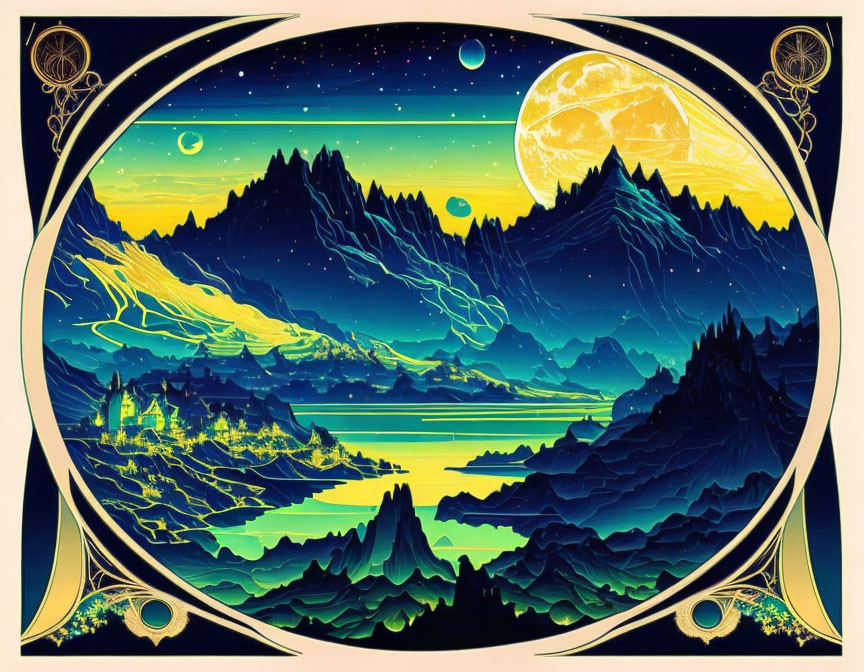 Mountainous Night Landscape Art: Full Moon, Stars, Blue & Yellow