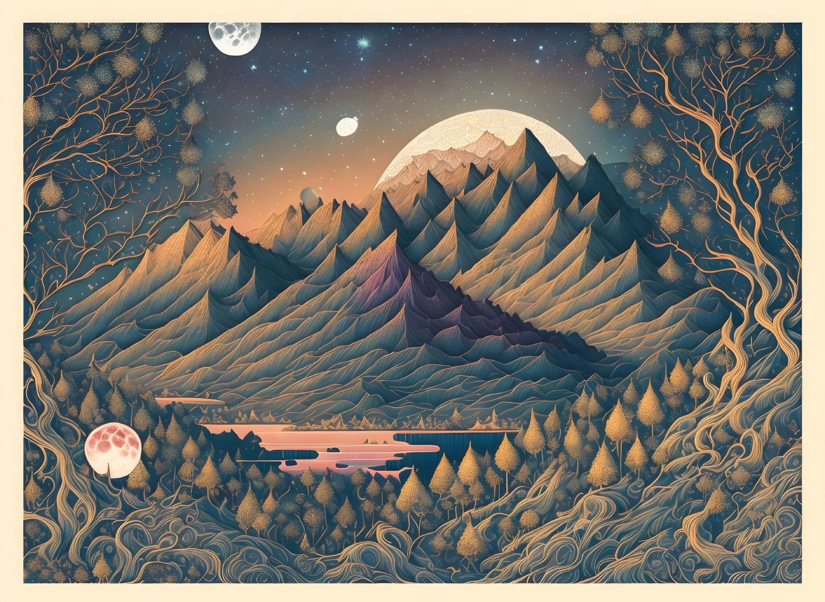 Stylized nature scene at night with moon, mountains, forest, lake, and celestial objects in