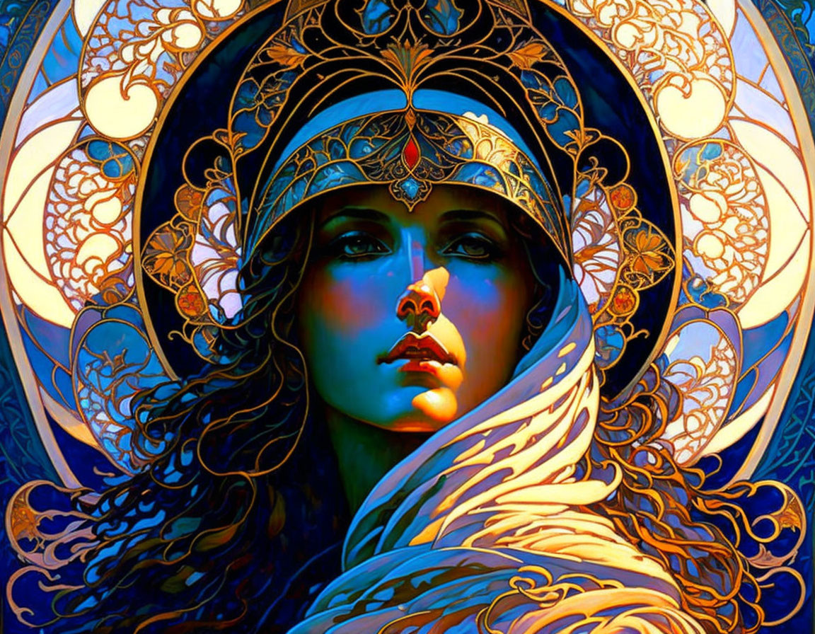 Intricate portrait of a woman in ornate headgear and robes against Art Nouveau background