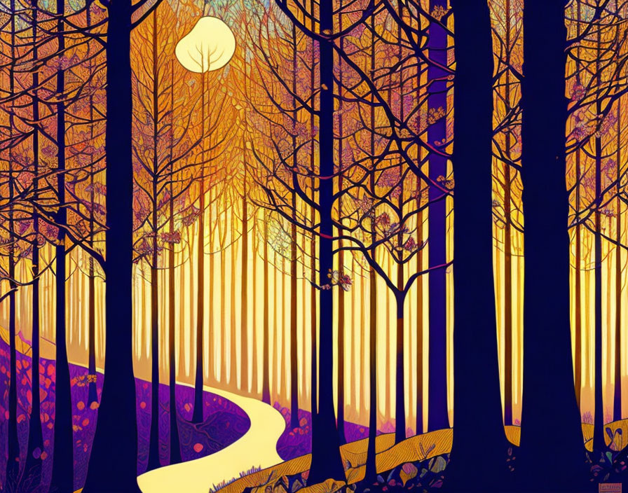 Illustration of dense forest with slender trees, river, colorful flora & radiant sunlight.