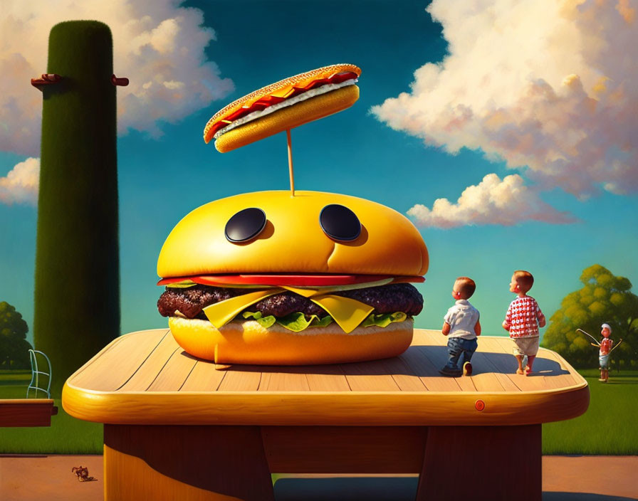 Giant burger with eyes and mouth on park table, children and cook under sky