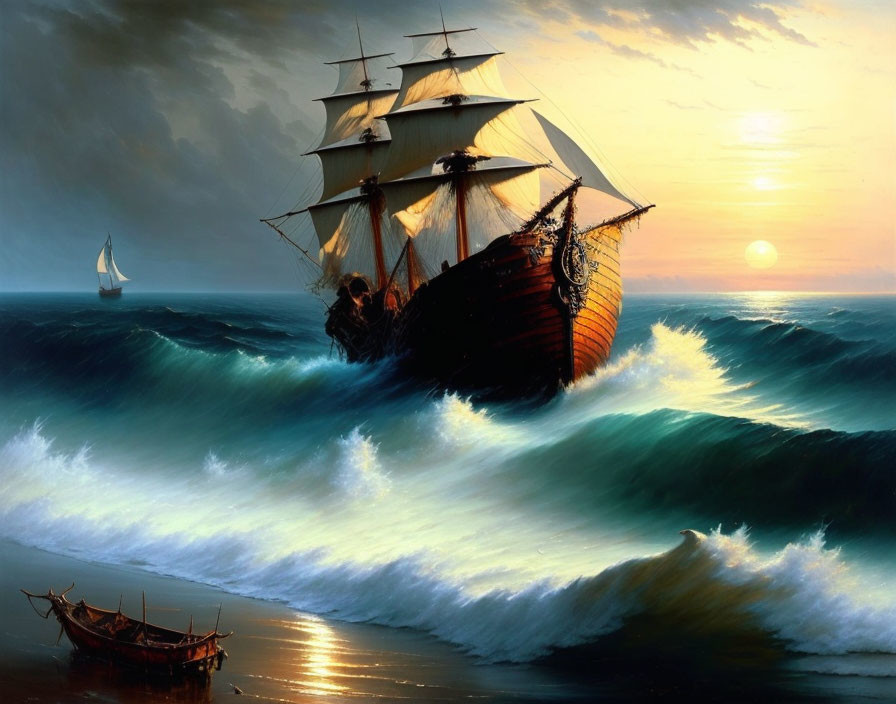 Sailing ship in rough seas at sunset with smaller boat and abandoned dinghy