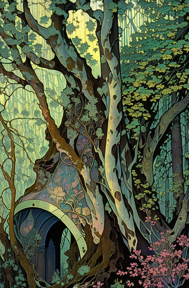 Mystical forest illustration with arched doorway in gnarled tree trunk