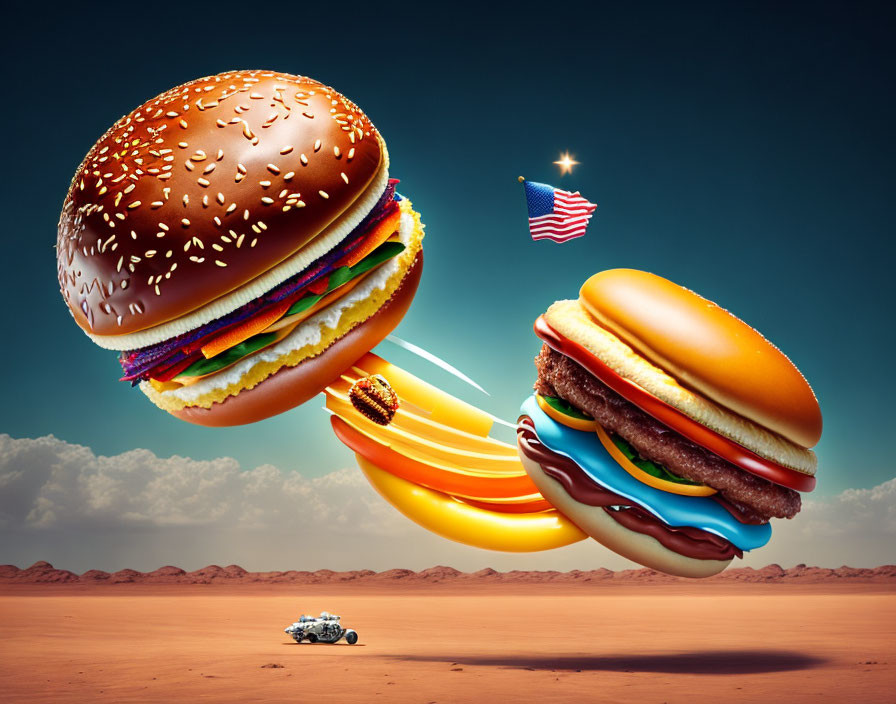 Stylized flying burgers with planetary layers and American flag above Martian landscape with rover