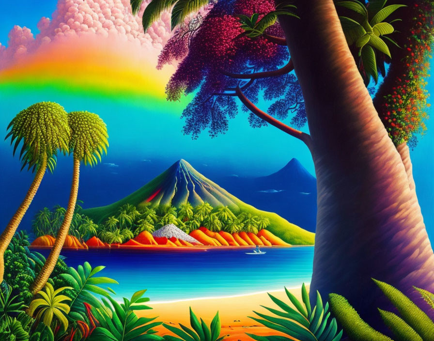 Tropical landscape with rainbow, palm trees, volcano, lush foliage, and blue beach