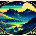 Mountainous Night Landscape Art: Full Moon, Stars, Blue & Yellow