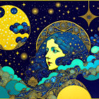 Celestial-themed woman artwork on dark blue and gold background