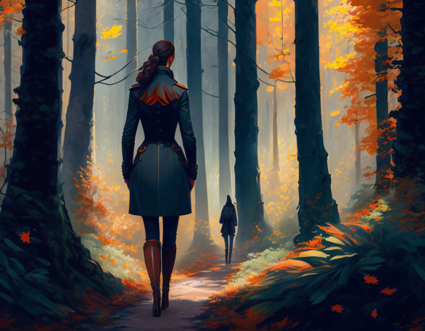 Woman in stylish coat walking in autumn forest with tall trees.