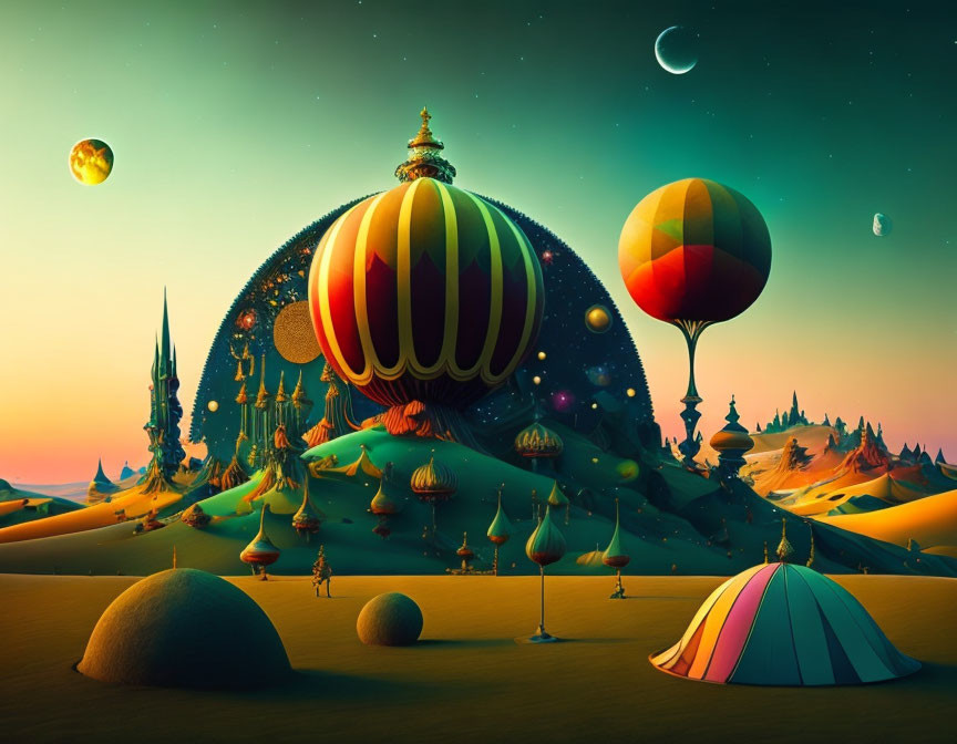 Surrealist desert landscape with vibrant hot air balloons and whimsical structures