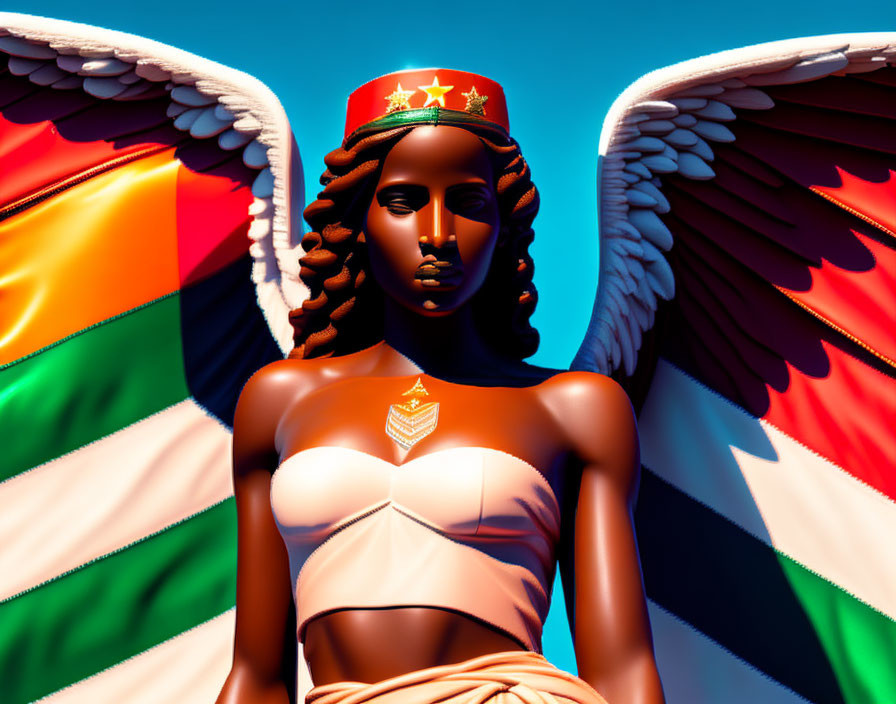 Stylized female figure with wings and military hat on colorful backdrop