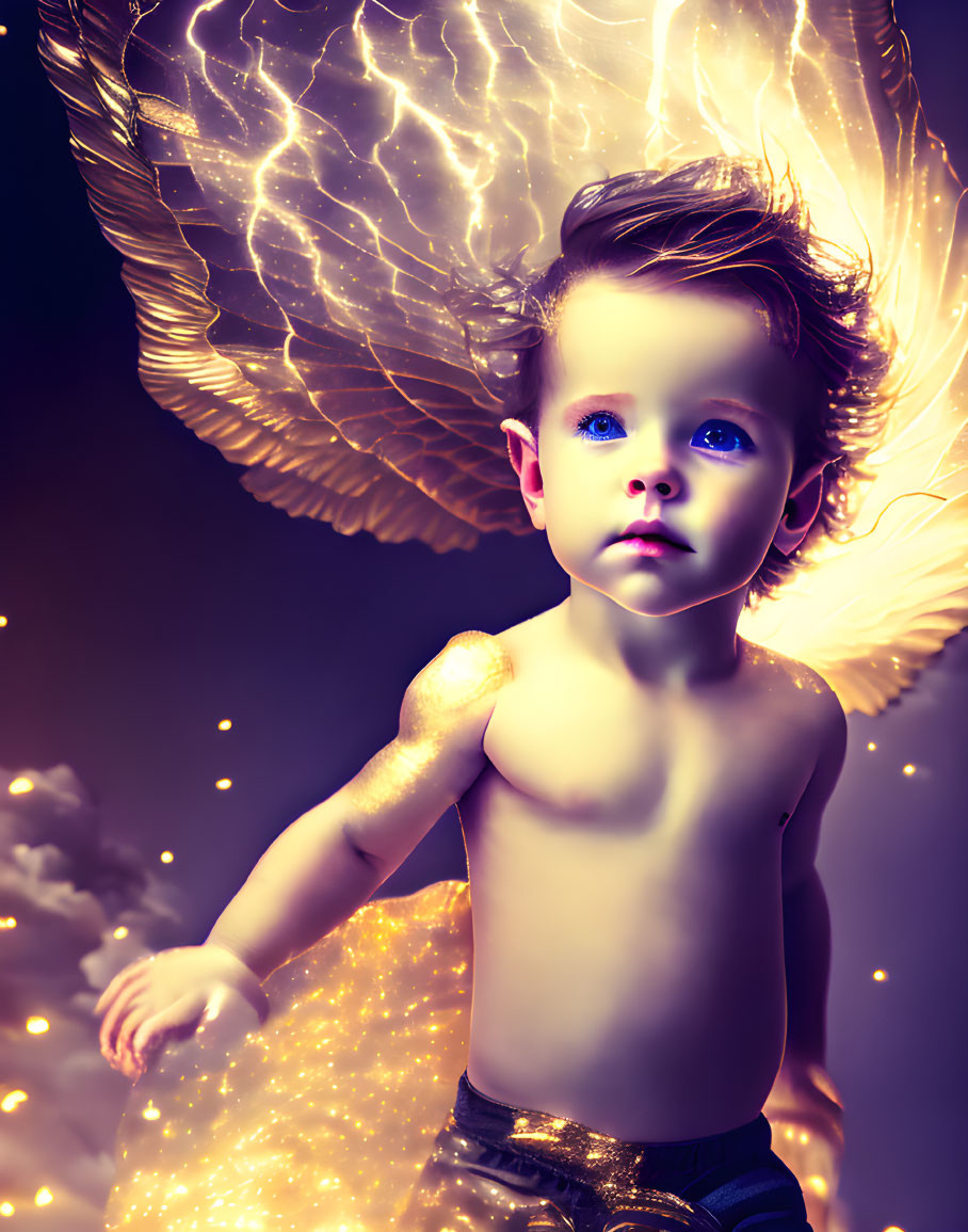 Stylized image of child with blue eyes, angel wings, golden light, and sparkling effects