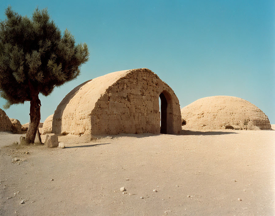 Ancient dome-shaped mud brick structures under clear blue sky.