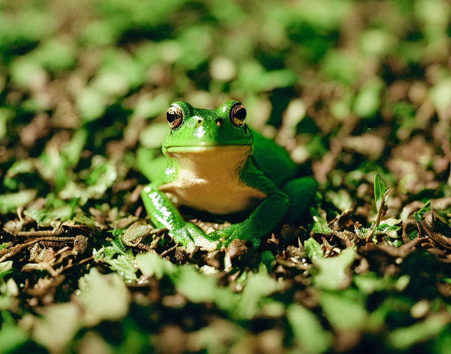 Green frog in natural habitat with prominent eyes.