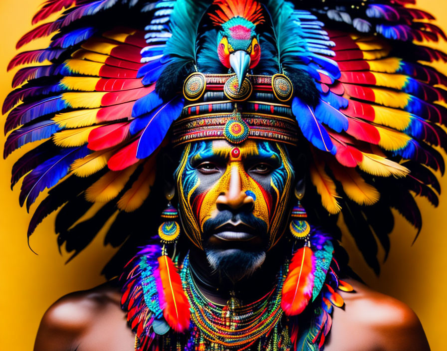 Person in tribal makeup with feather headdress on yellow background