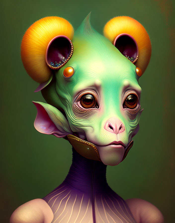 Fantastical creature with green skin and yellow ears on muted background