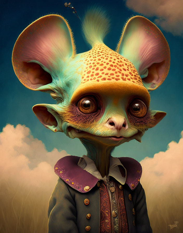 Fantastical creature with large ears in Victorian-era outfit under blue sky