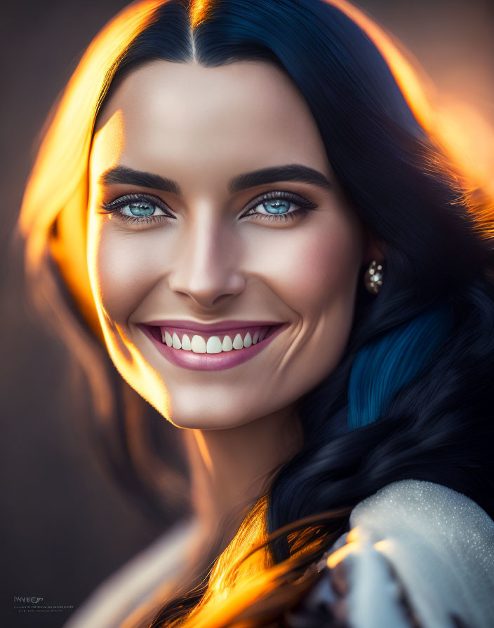 Smiling Woman Portrait with Blue Eyes and Dark Hair