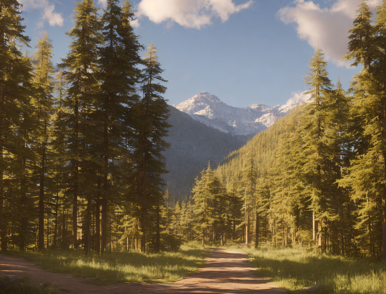 Tranquil forest path with snow-capped mountains and coniferous trees