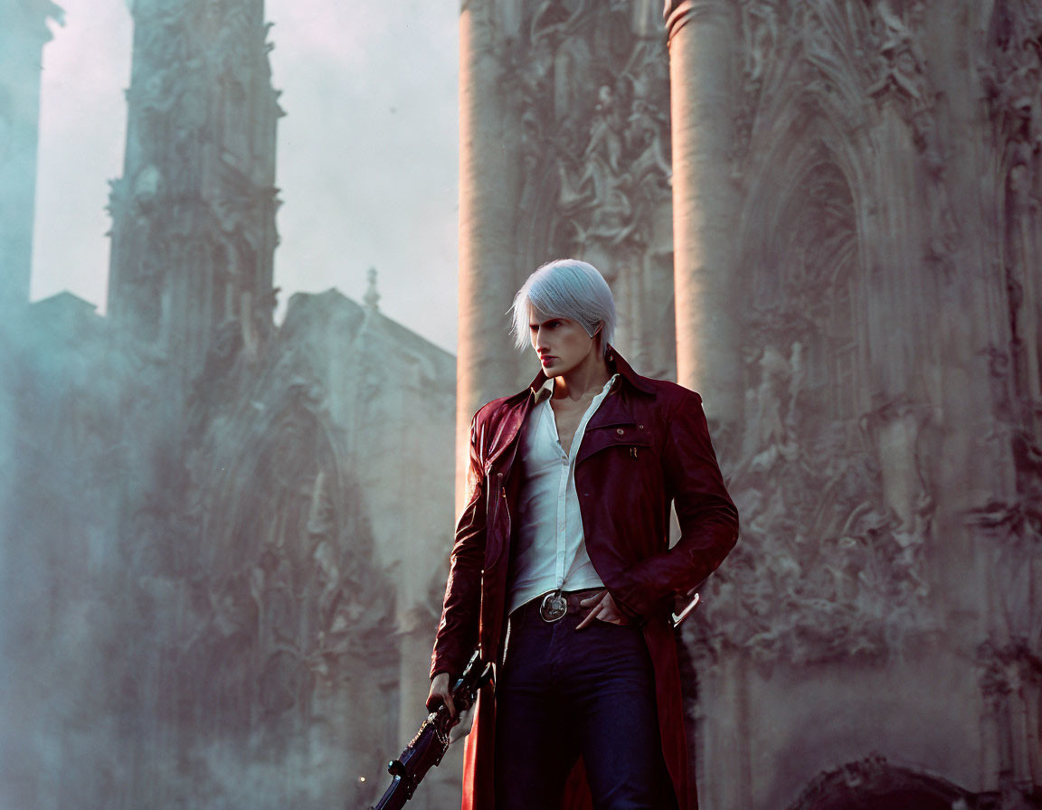 Silver-haired person in red coat with sword at gothic cathedral at dusk