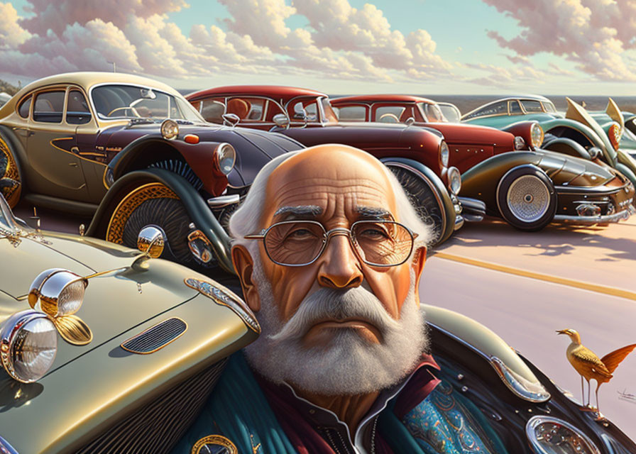 Illustrated portrait of elderly man with vintage cars and seabirds in serene setting