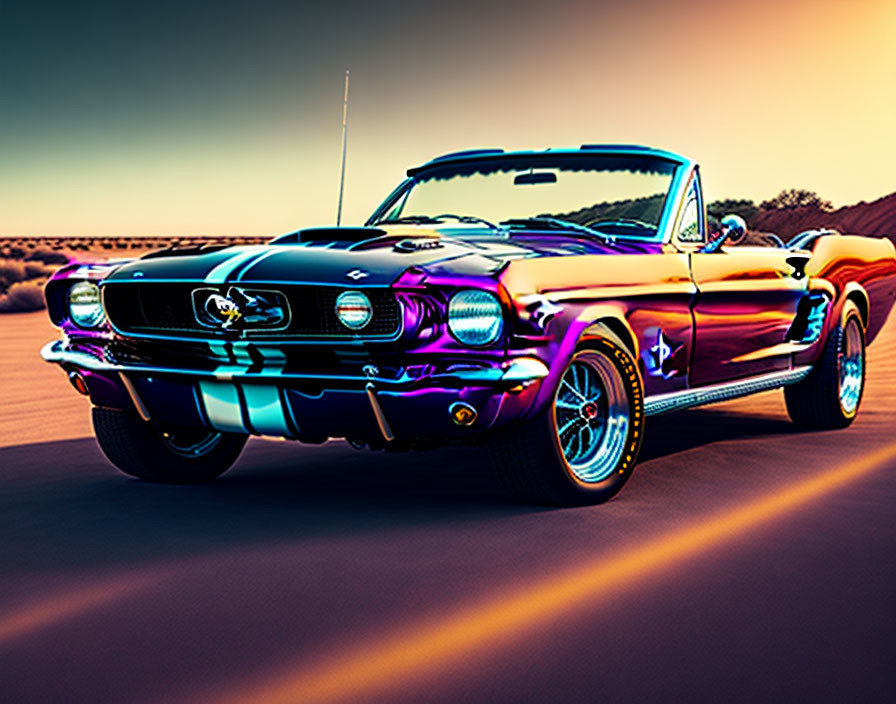 Vintage Mustang Convertible in Purple and Orange Cruising at Sunset