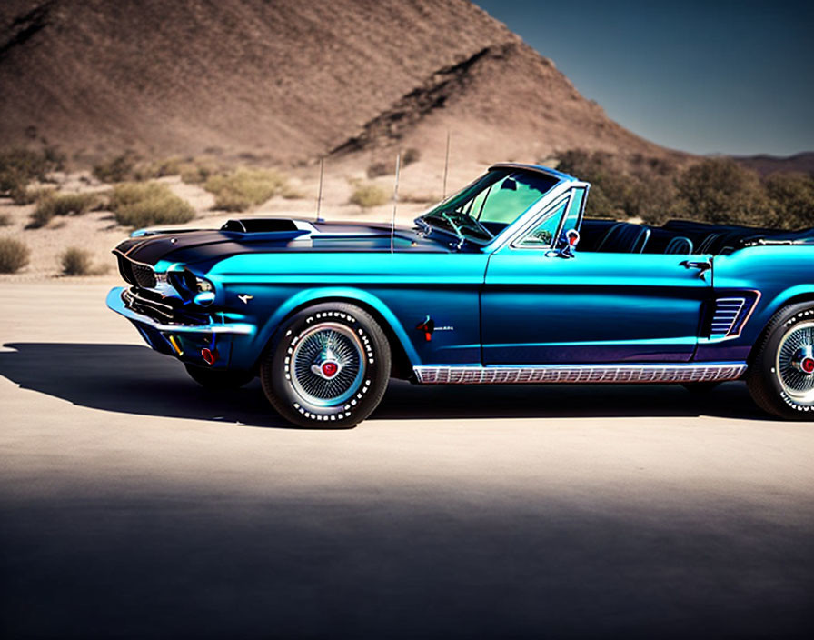 Blue Convertible Mustang with White Stripes in Desert Setting