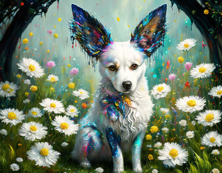 Vibrant painting of white dog with colorful ears and daisies