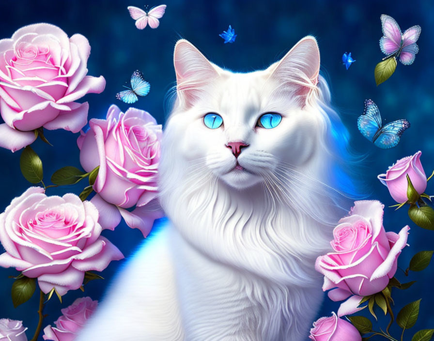 White Cat with Blue Eyes Surrounded by Roses and Butterflies on Dark Blue Background