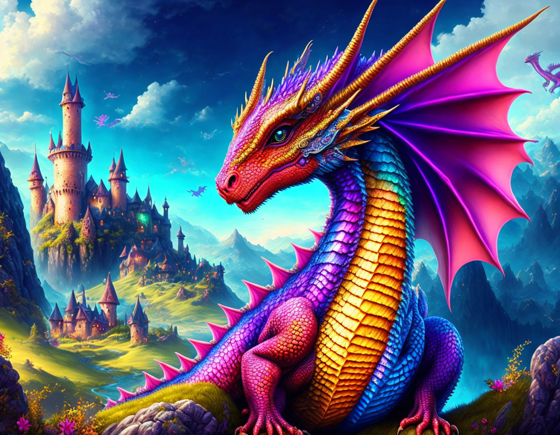 Colorful Dragon in Blue and Gold Scales Amid Fantasy Landscape