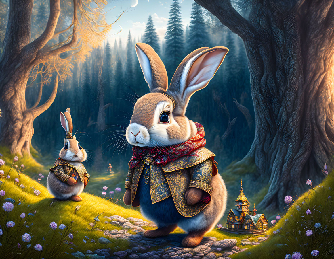 Anthropomorphic rabbits in ornate attire on forest path with village in background