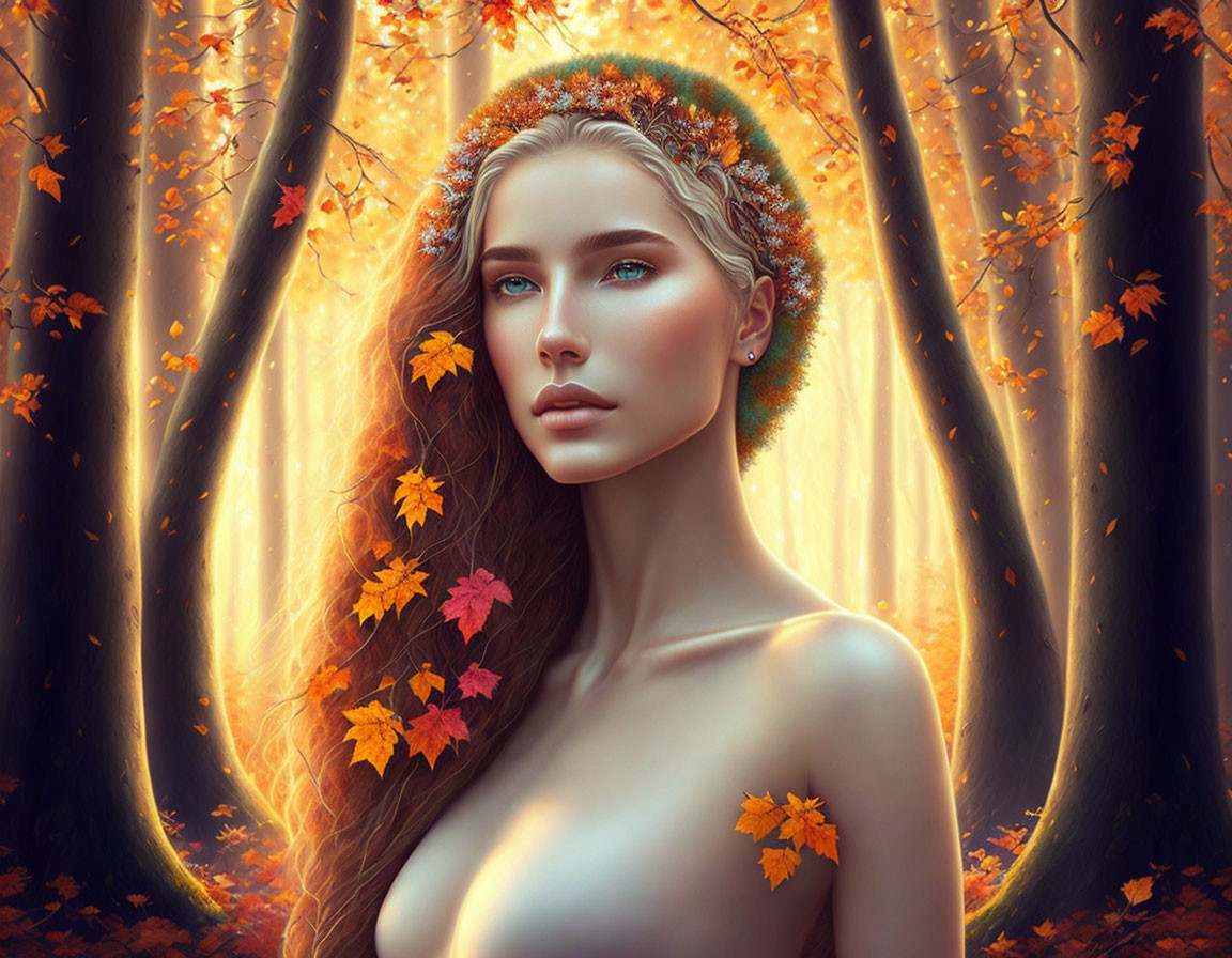 Digital portrait of woman with autumn leaves in hair in forest setting