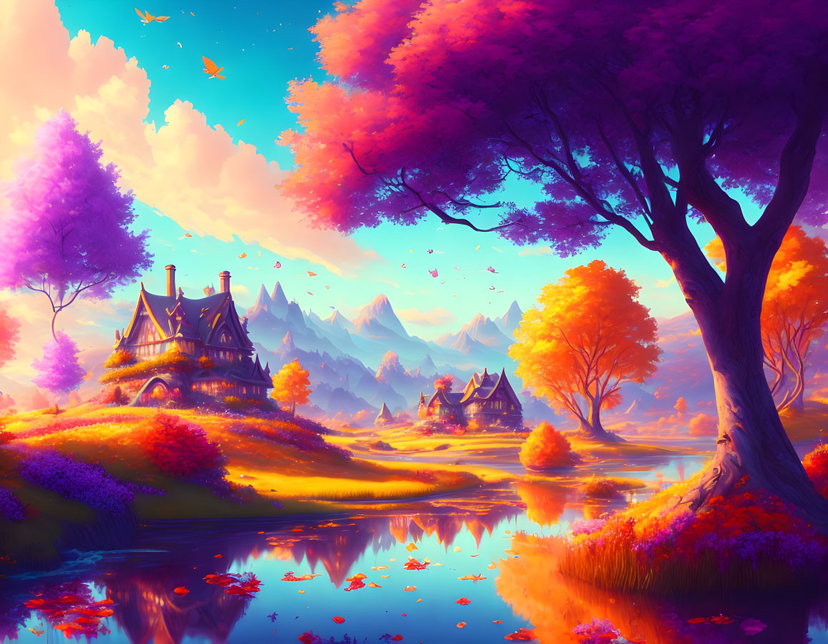 Colorful Trees, Reflective Lake, Quaint Houses: Vibrant Fantasy Landscape