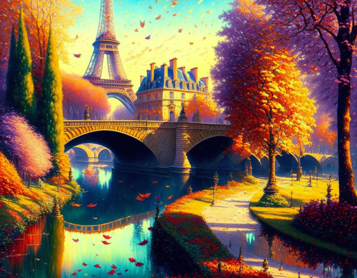 Autumn Eiffel Tower landscape with bridge, colorful trees, leaves, and birds