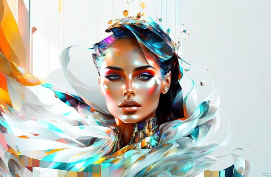 Colorful Abstract Digital Artwork of Woman with Flowing Lines