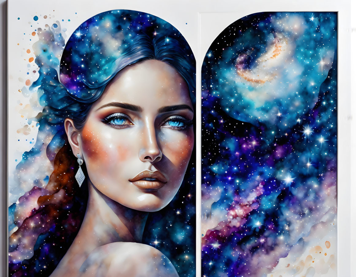 Cosmic themed artwork blending woman's face with starry nebulae