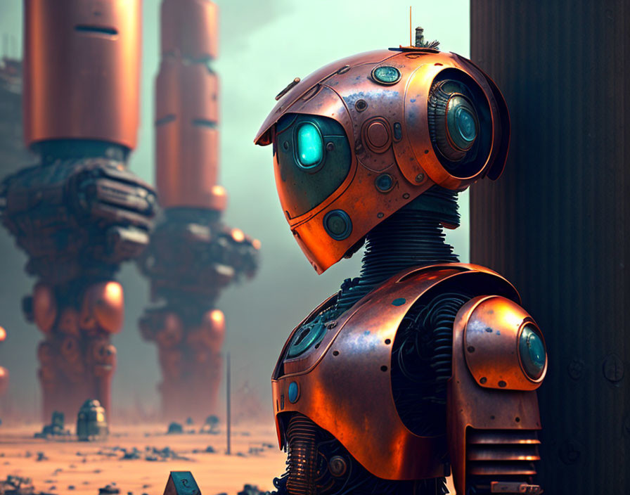 Orange-headed robot with expressive eyes in futuristic landscape