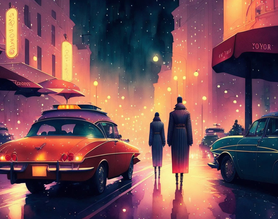 Vintage neon-lit street at night with two people and classic cars